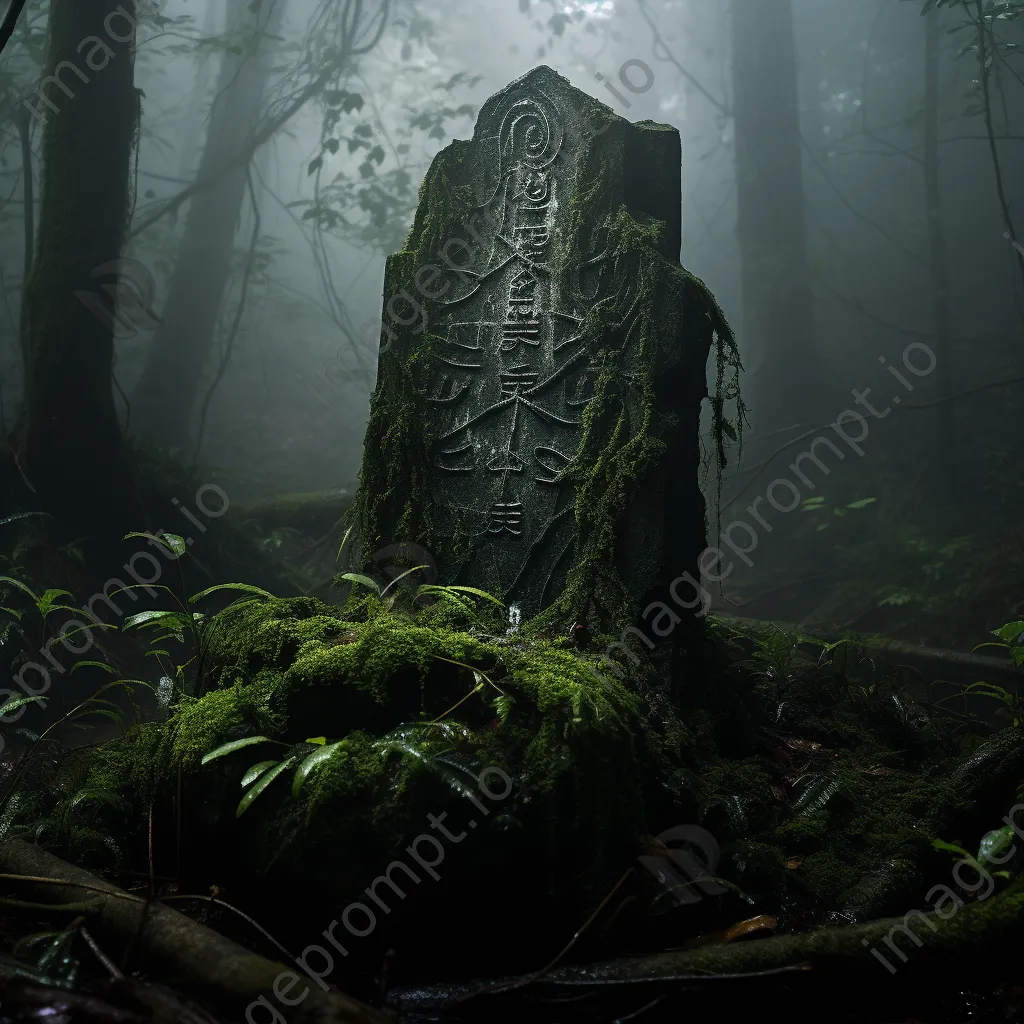 Ancient tree stump covered with ivy and runes in a misty forest - Image 3