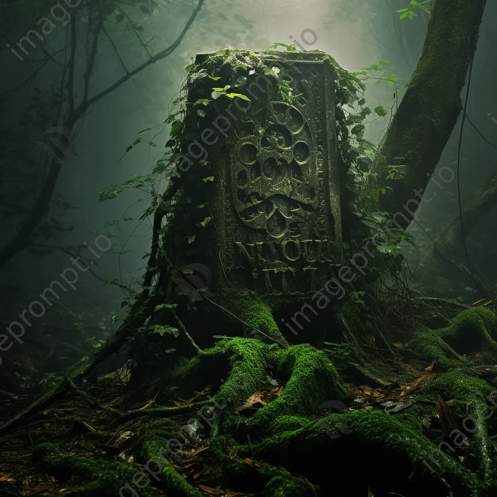 Ancient tree stump covered with ivy and runes in a misty forest - Image 4