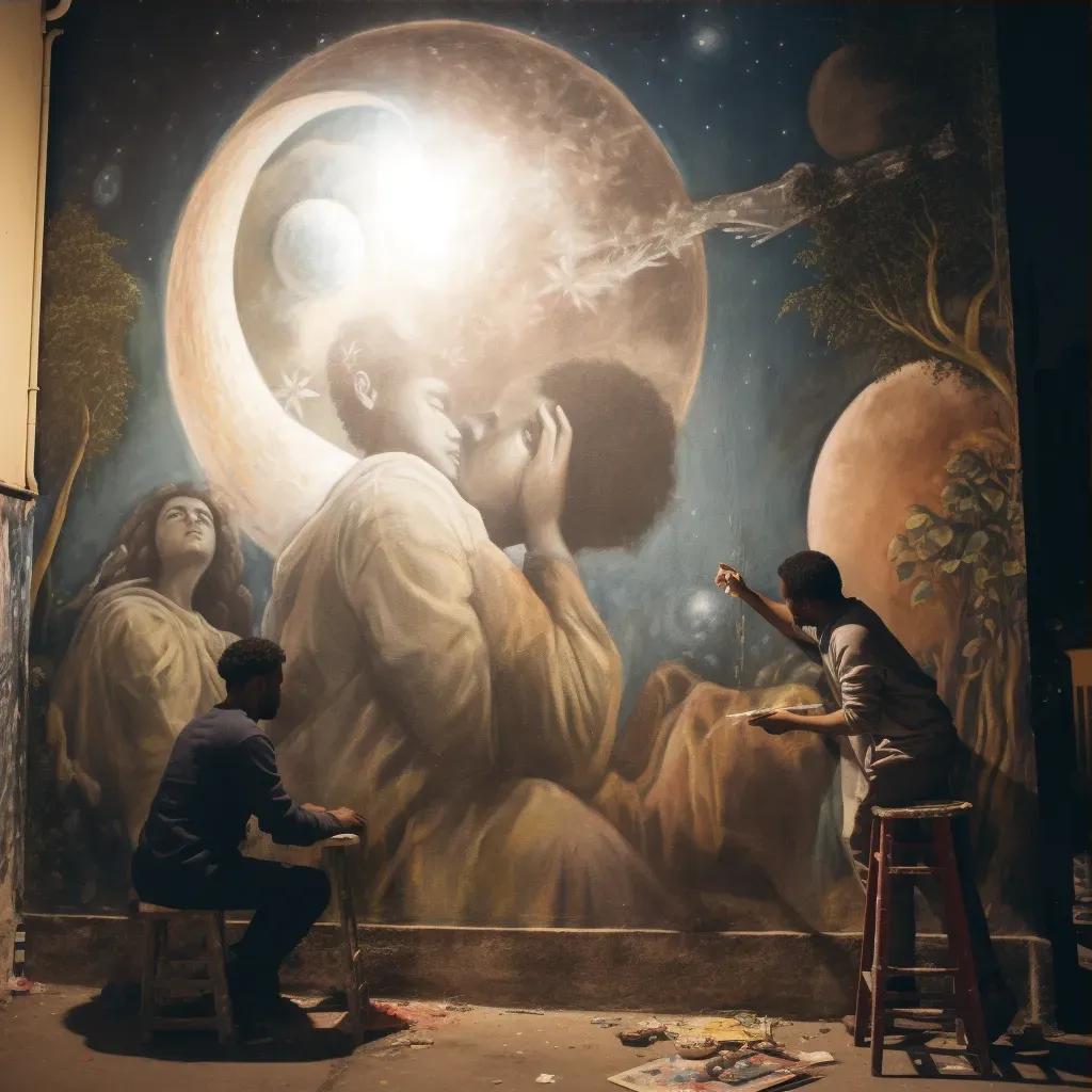 Image of celestial being with graffiti artist collaborating under moonlight - Image 3