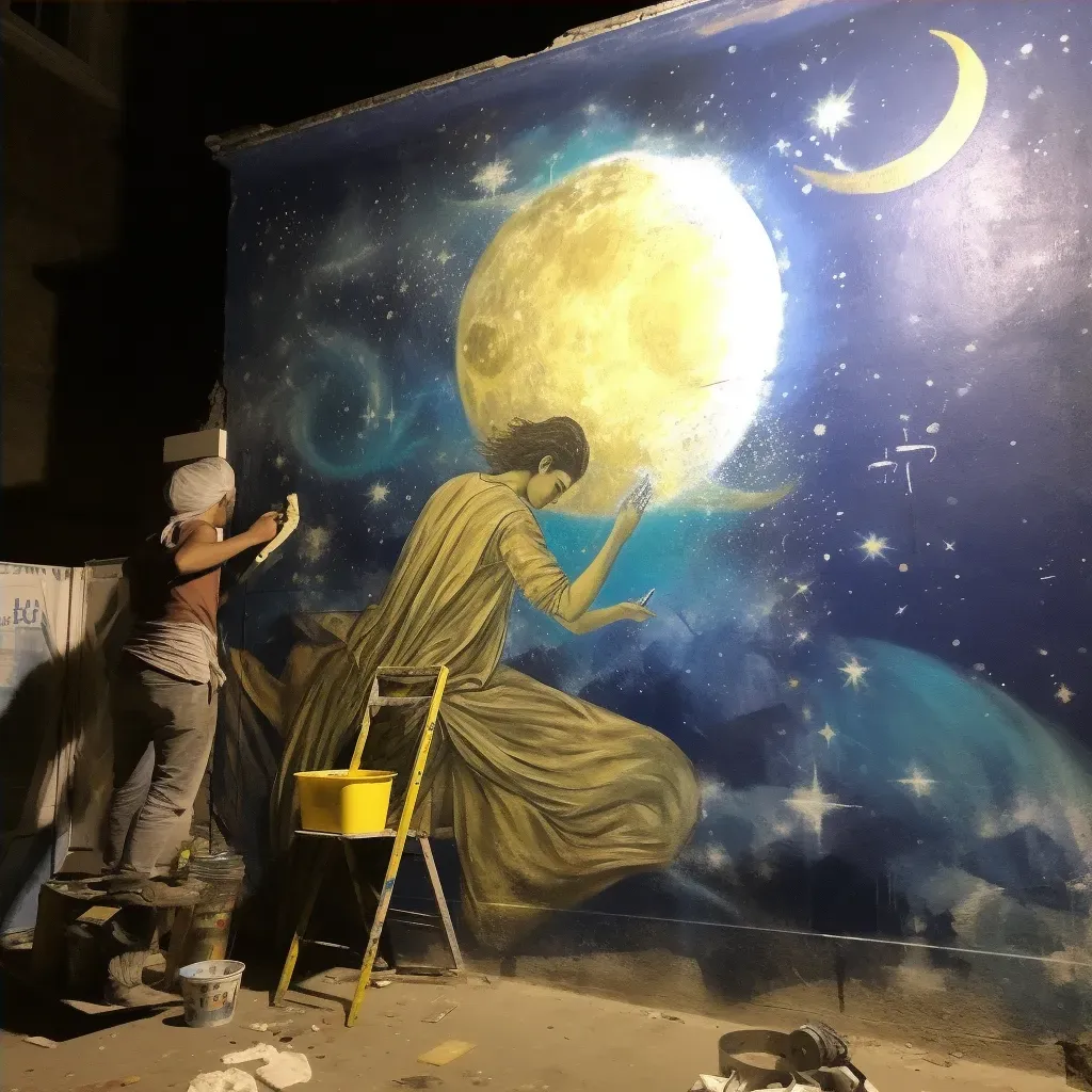 Image of celestial being with graffiti artist collaborating under moonlight - Image 4