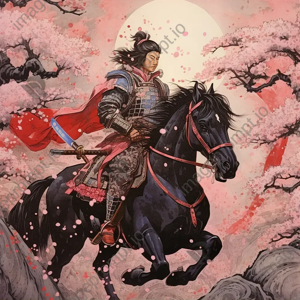 Vibrant woodblock print of samurai warrior Tomoe Gozen amidst cherry blossoms - Image 1