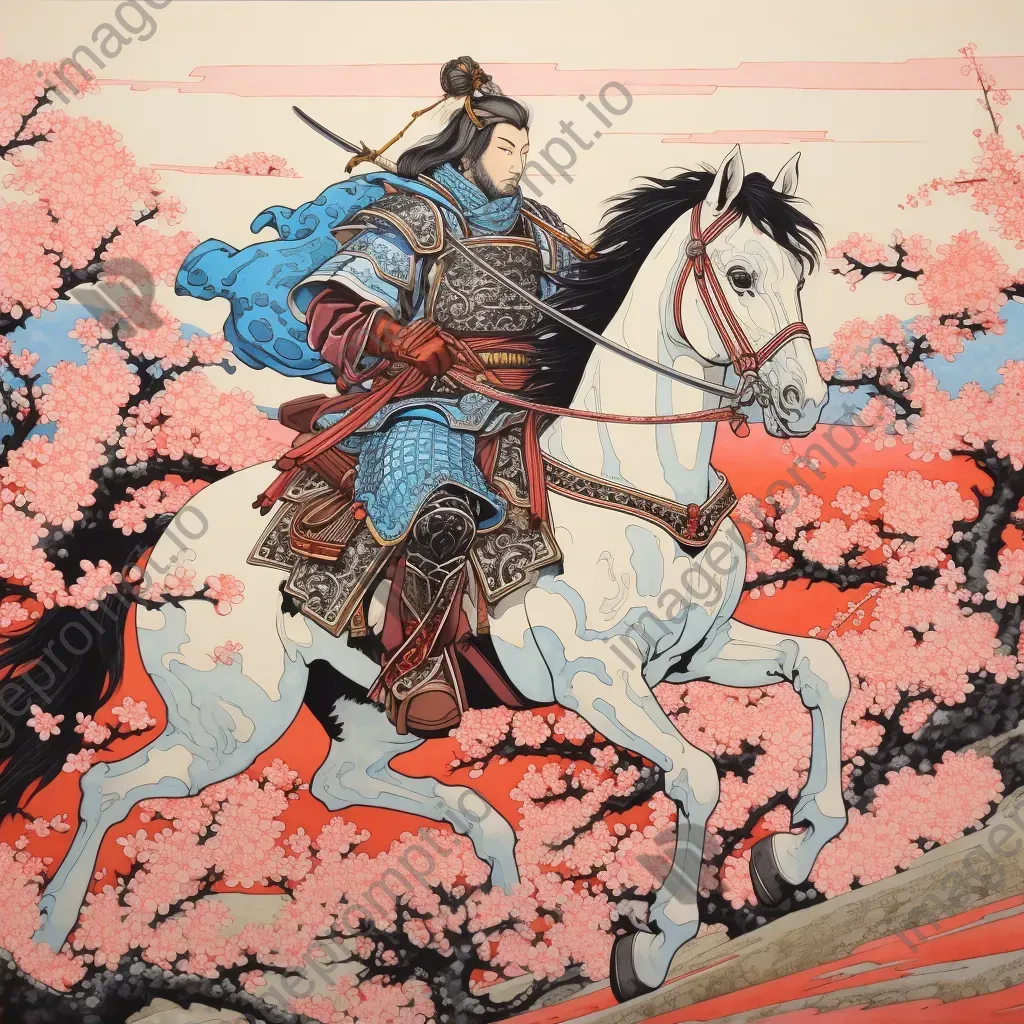 Vibrant woodblock print of samurai warrior Tomoe Gozen amidst cherry blossoms - Image 2