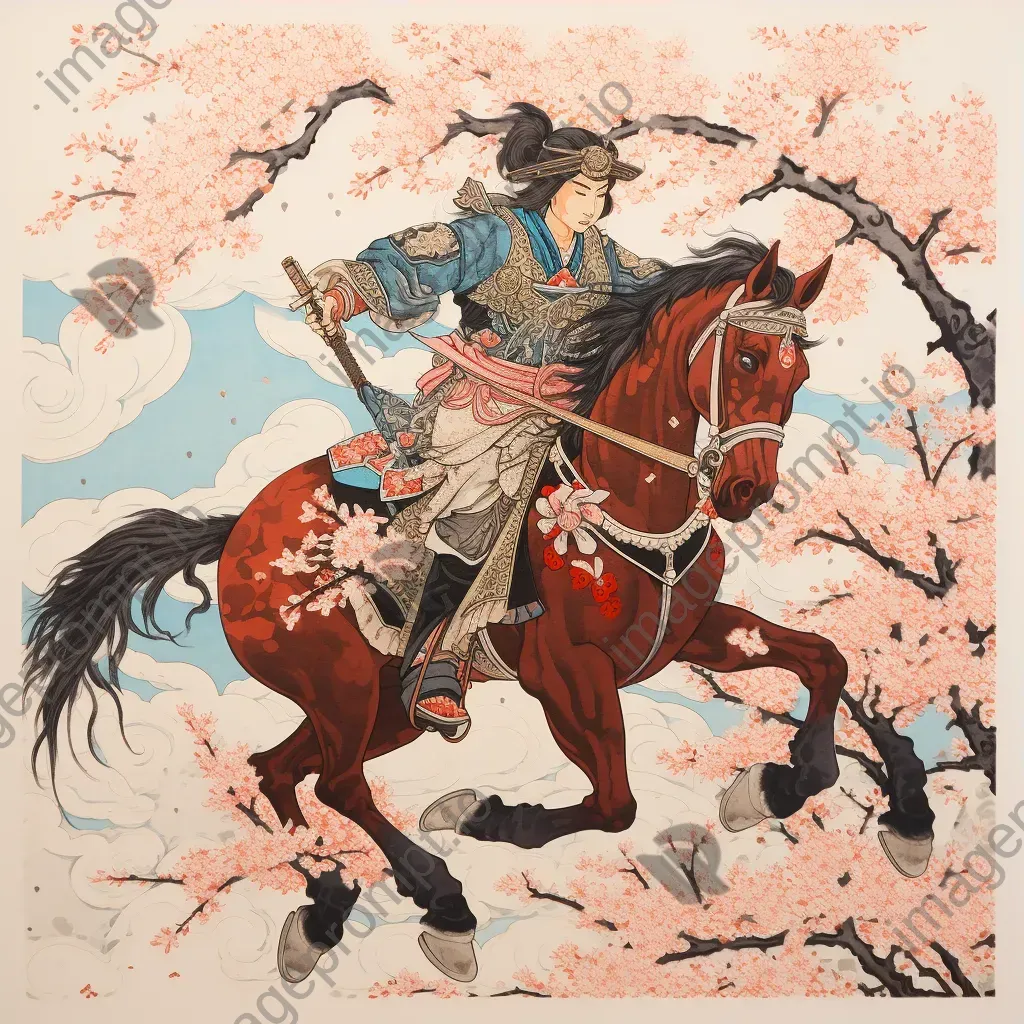 Vibrant woodblock print of samurai warrior Tomoe Gozen amidst cherry blossoms - Image 3