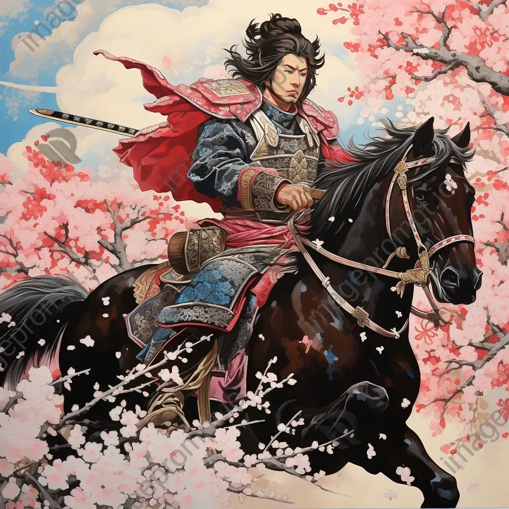 Vibrant woodblock print of samurai warrior Tomoe Gozen amidst cherry blossoms - Image 4