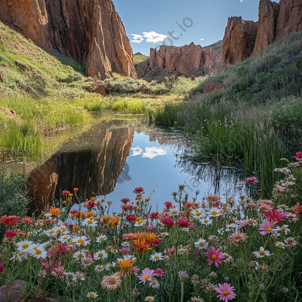 Desert oasis with wildflowers and pond framed by cliffs - Image 1