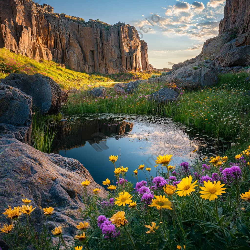 Desert oasis with wildflowers and pond framed by cliffs - Image 2