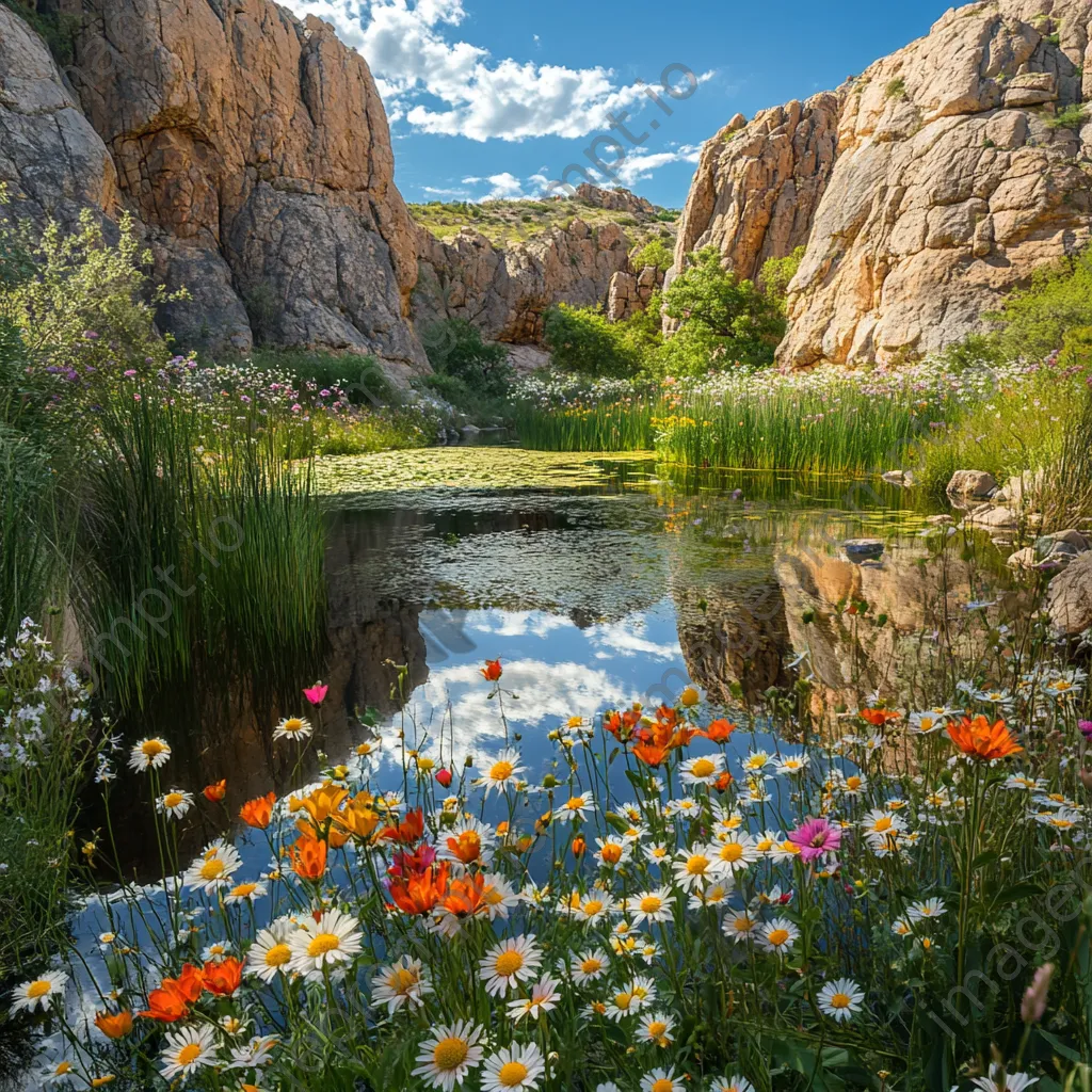 Desert oasis with wildflowers and pond framed by cliffs - Image 3