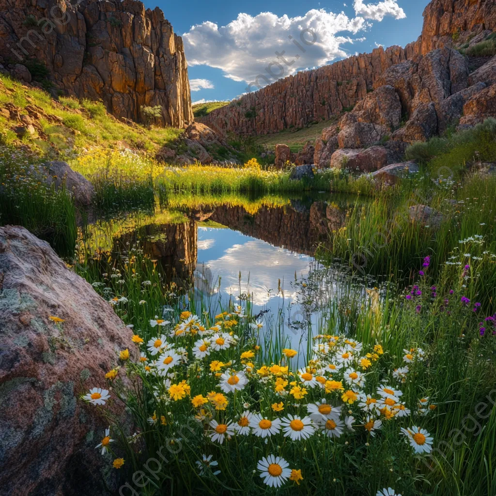 Desert oasis with wildflowers and pond framed by cliffs - Image 4