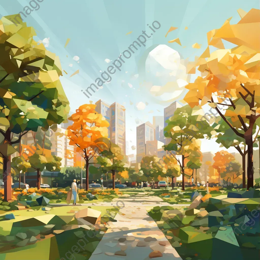 Low poly artwork of a thriving city park under the midday sun - Image 1