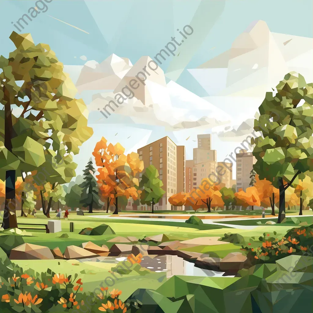 Low poly artwork of a thriving city park under the midday sun - Image 3