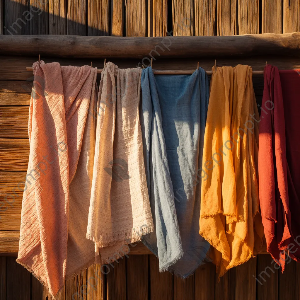 Vibrant woven linen fabrics drying on a wooden backdrop. - Image 2