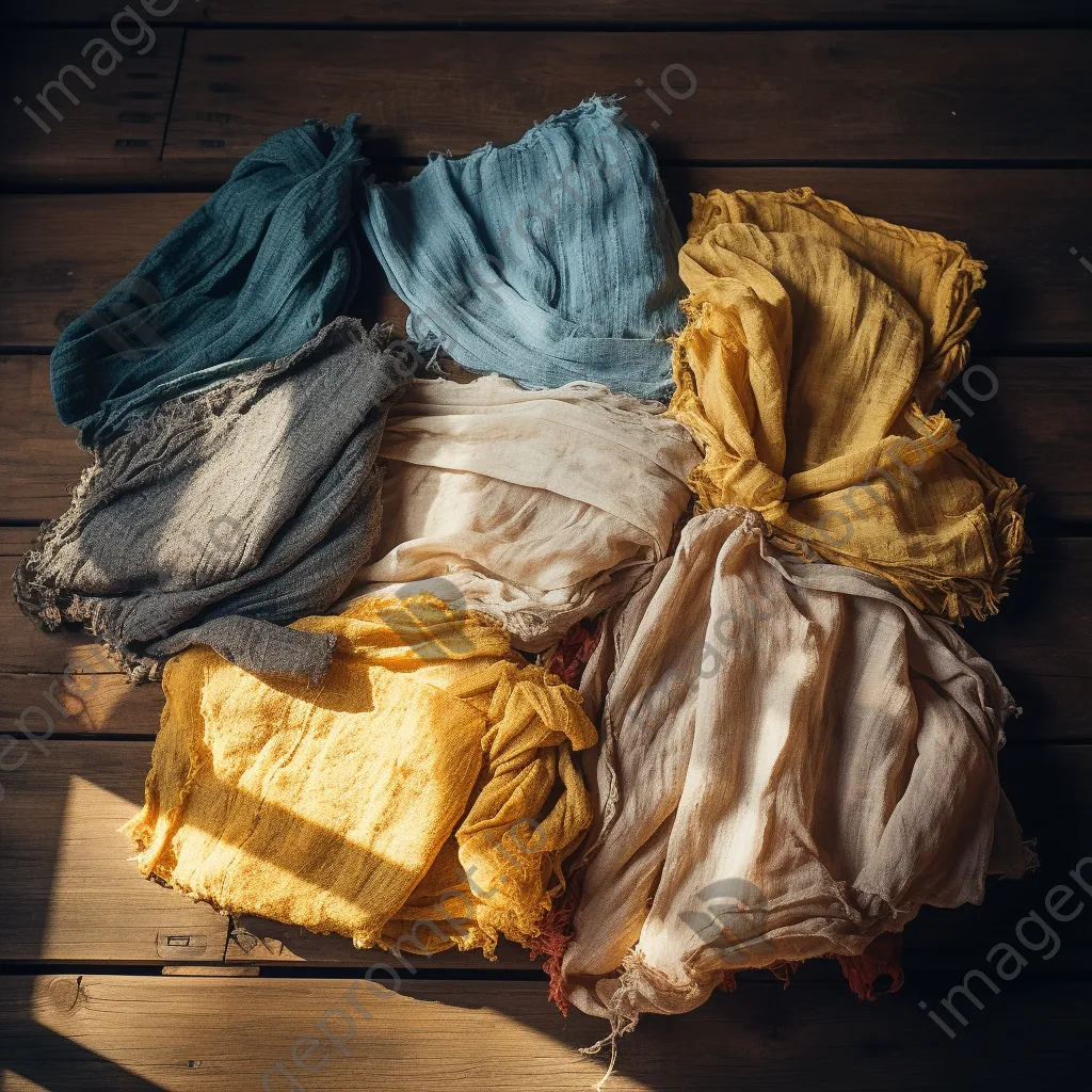 Vibrant woven linen fabrics drying on a wooden backdrop. - Image 3