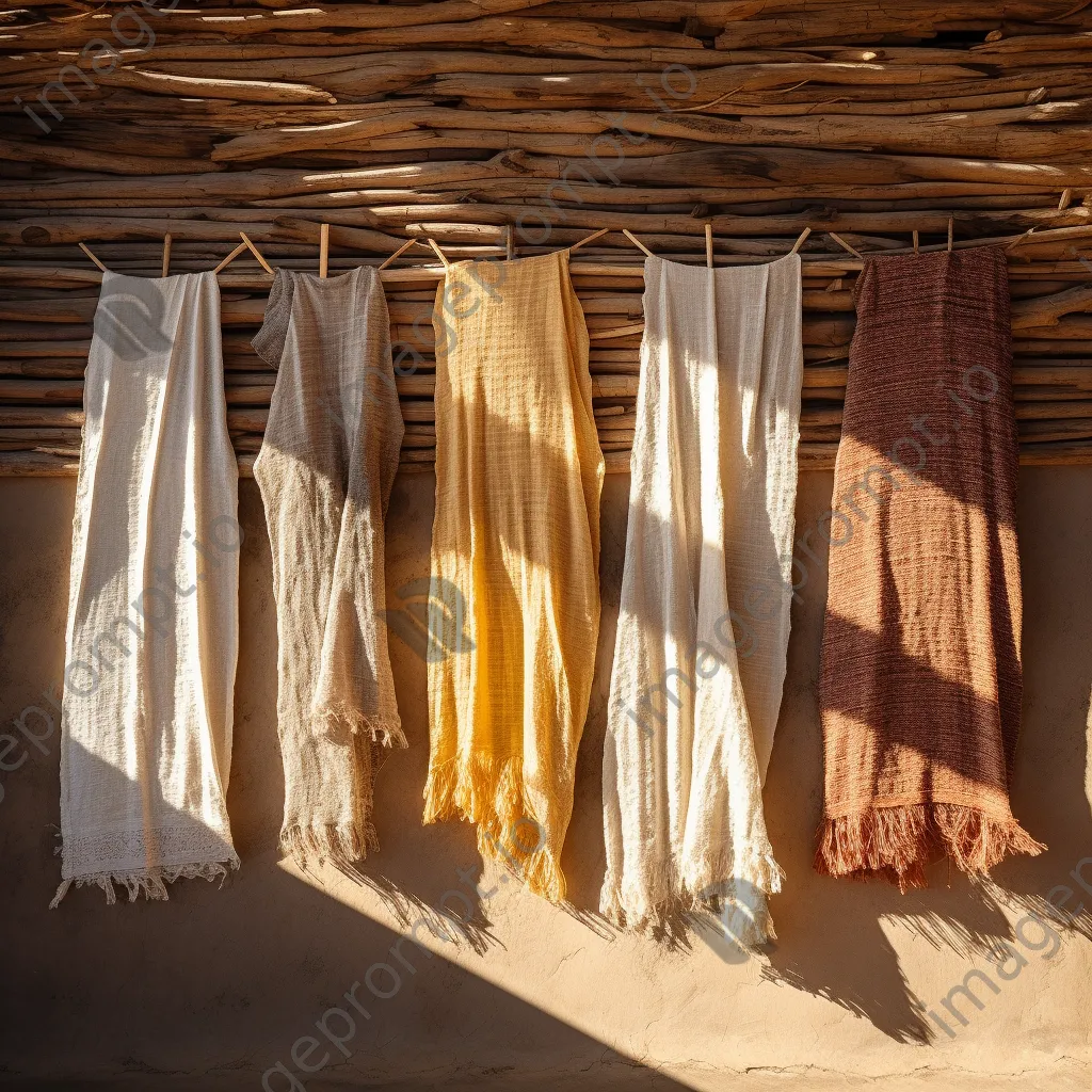 Vibrant woven linen fabrics drying on a wooden backdrop. - Image 4