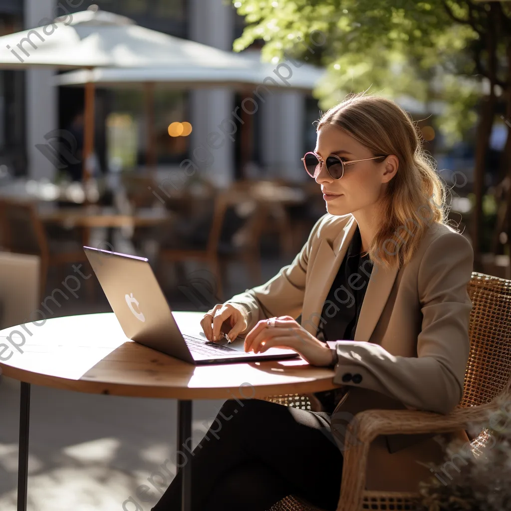 Businesswoman analyzing cryptocurrency trends on a laptop at café - Image 1