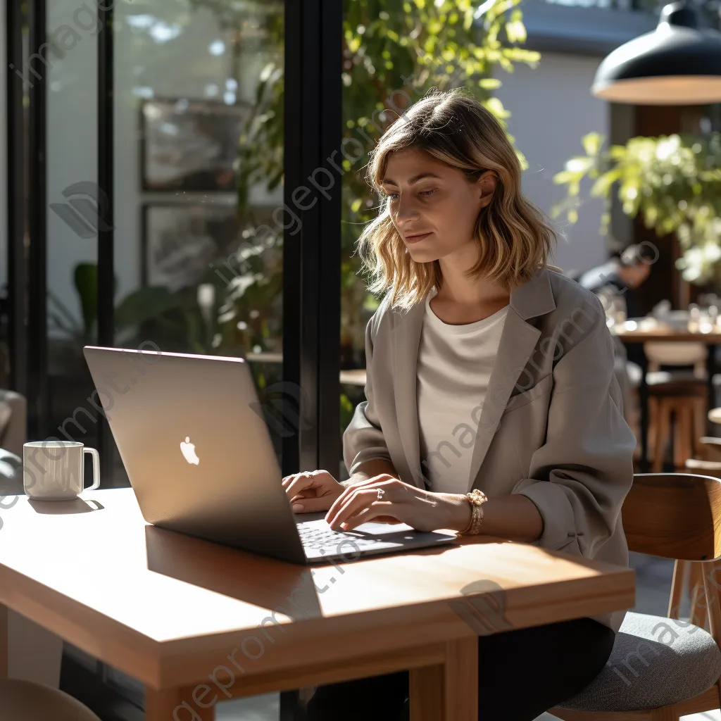 Businesswoman analyzing cryptocurrency trends on a laptop at café - Image 2