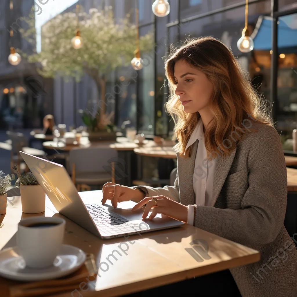 Businesswoman analyzing cryptocurrency trends on a laptop at café - Image 4