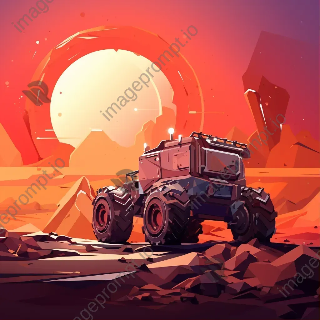 Low poly depiction of a Mars rover exploring sunset-lit Martian dunes - Image 1