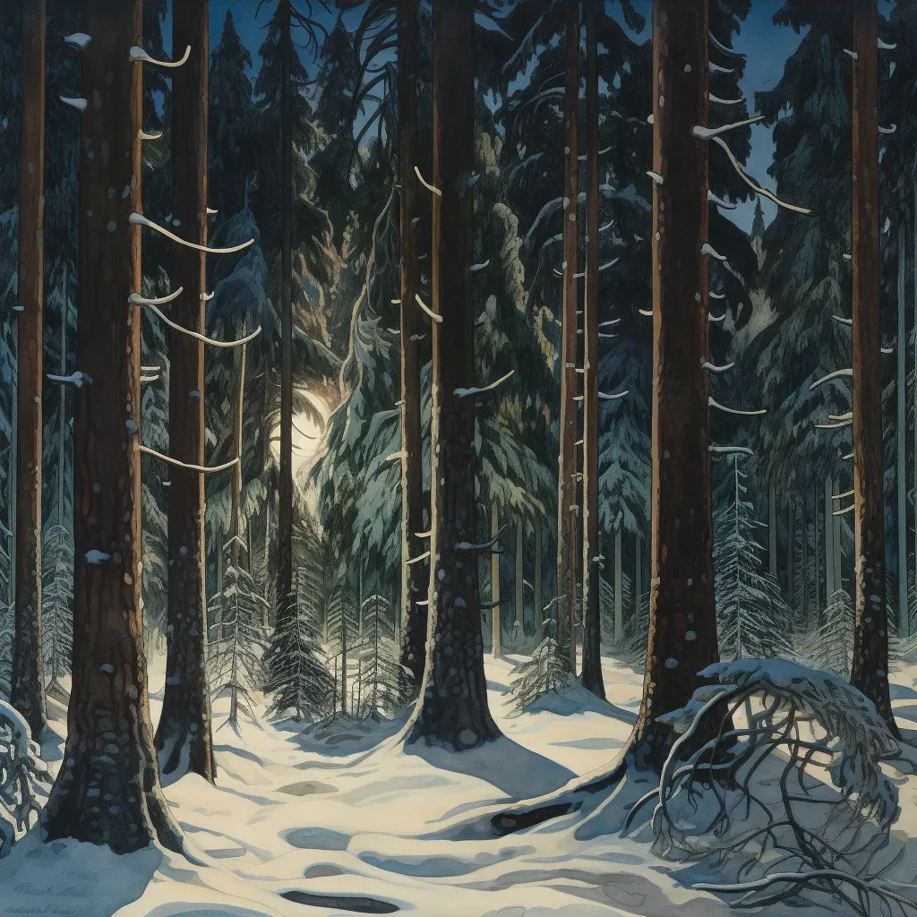 Illustration of snowy forest with Northern Lights glow - Image 4