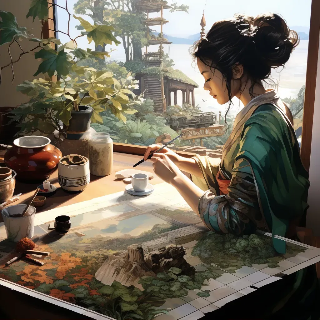 Quiet tea ceremony with green and brown color tones - Image 2