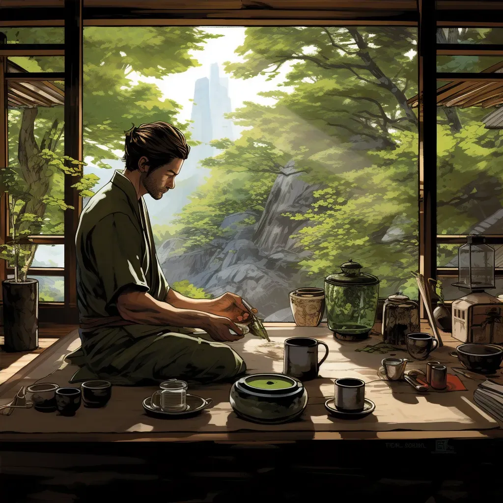 Quiet tea ceremony with green and brown color tones - Image 4