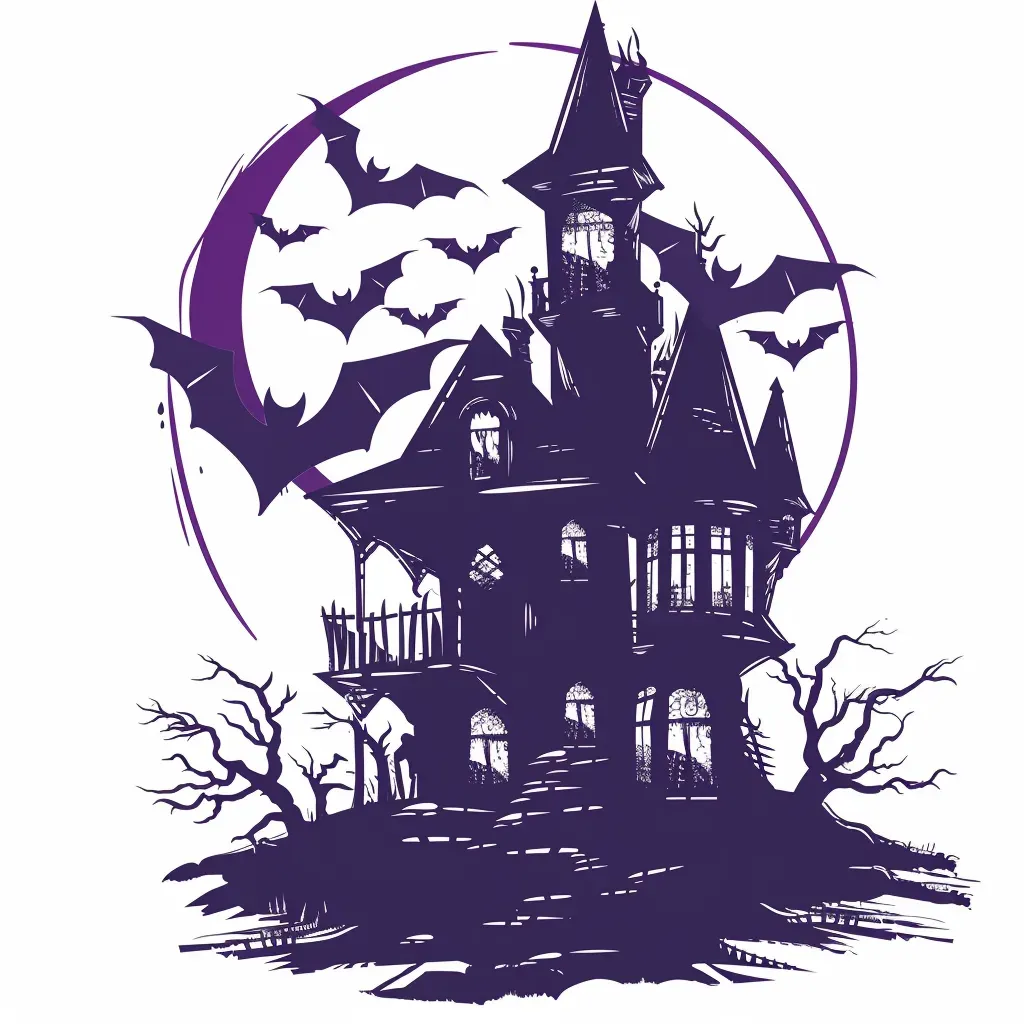 Spooky Halloween logo featuring a haunted house, bats, and full moon - Image 2