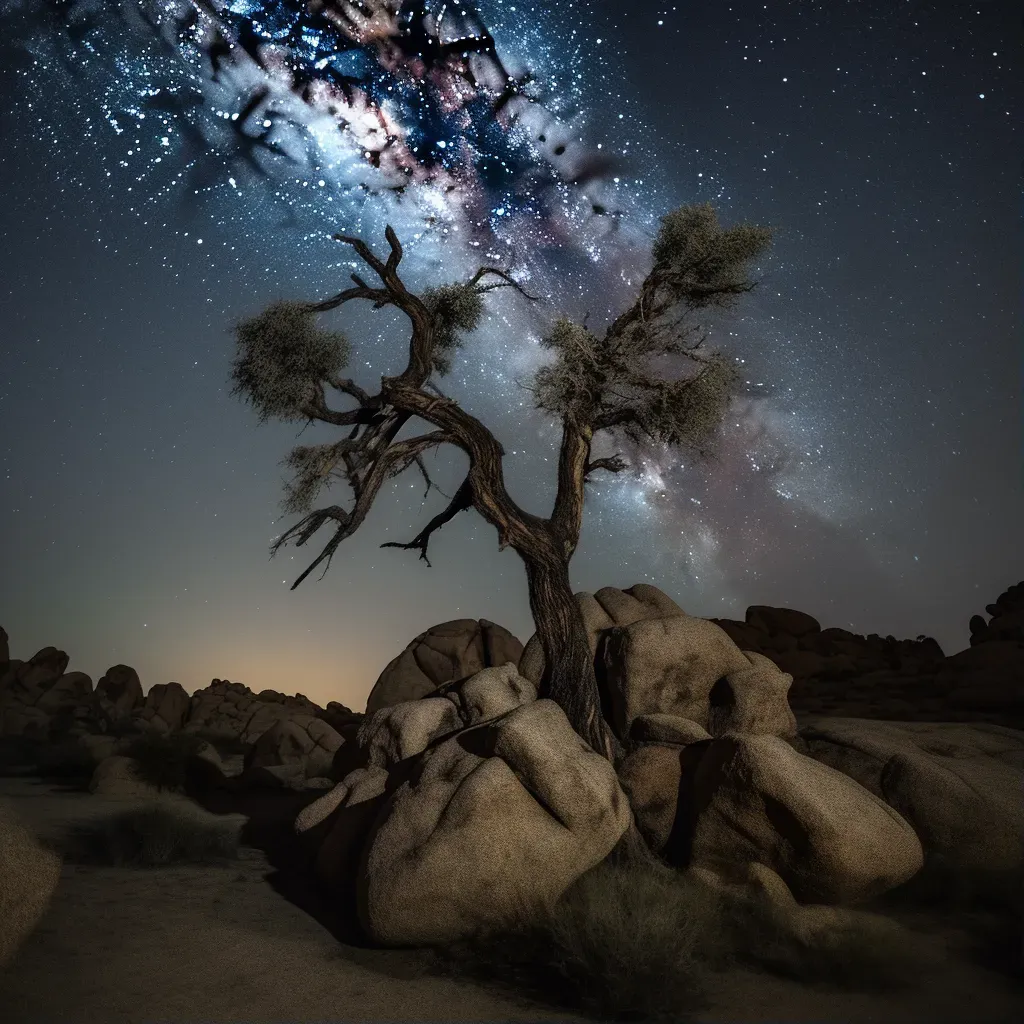 View of a gnarled tree in a rocky landscape under a star-filled night sky - Image 1