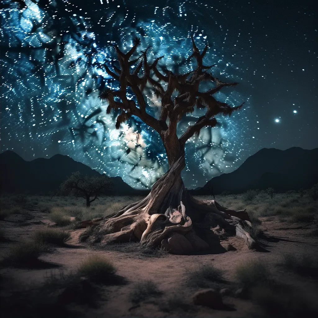 View of a gnarled tree in a rocky landscape under a star-filled night sky - Image 2