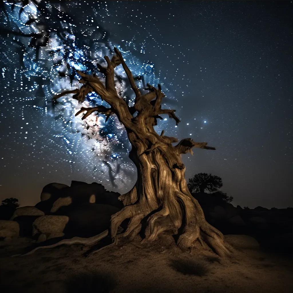 View of a gnarled tree in a rocky landscape under a star-filled night sky - Image 3