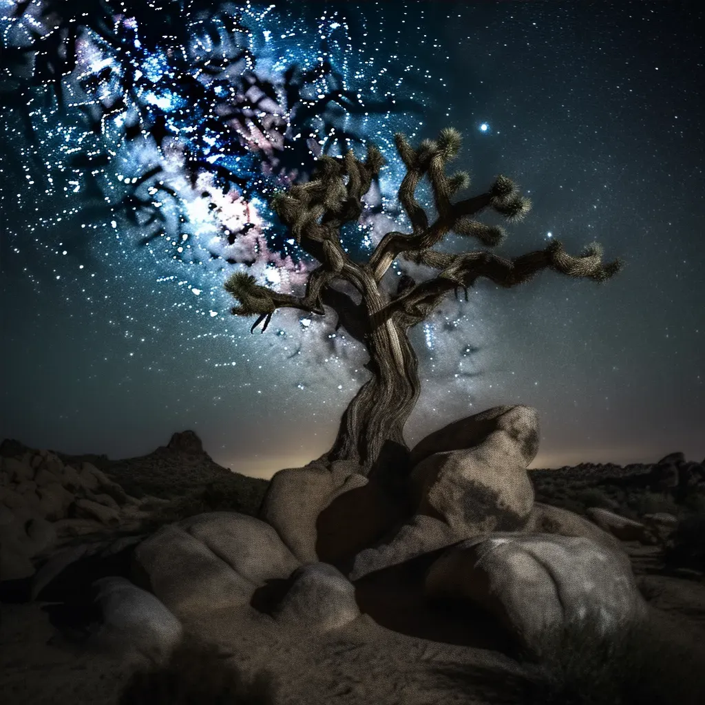 View of a gnarled tree in a rocky landscape under a star-filled night sky - Image 4