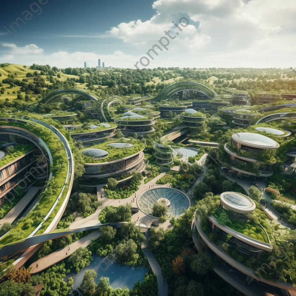 Aerial view of a futuristic city with green roofs and parks - Image 1