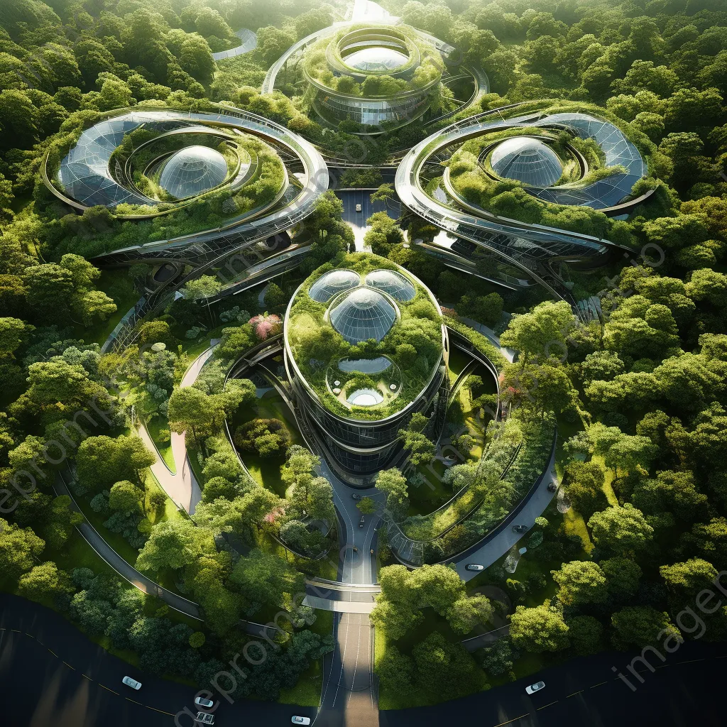 Aerial view of a futuristic city with green roofs and parks - Image 2