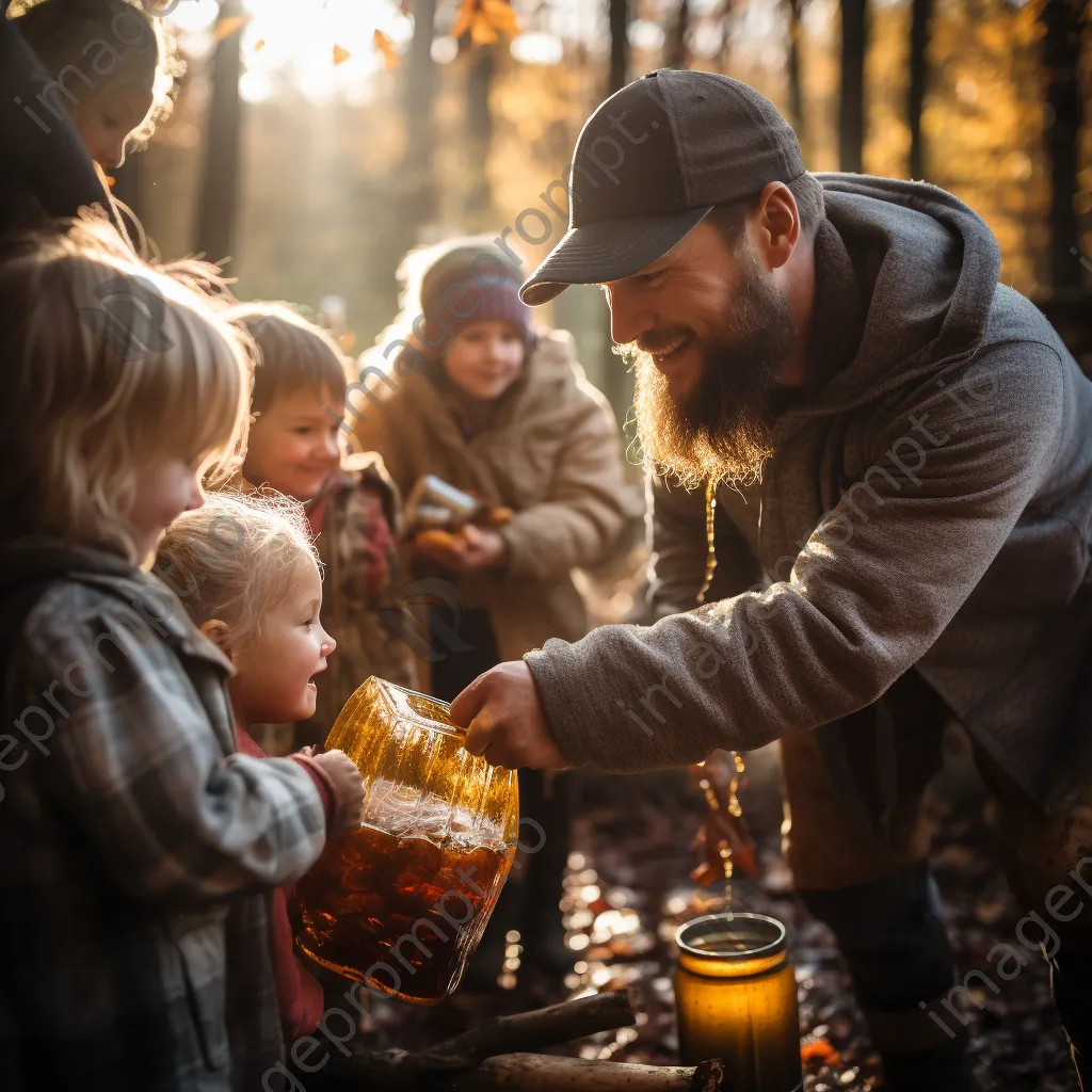 Family members gathering maple sap with laughter in autumn - Image 1