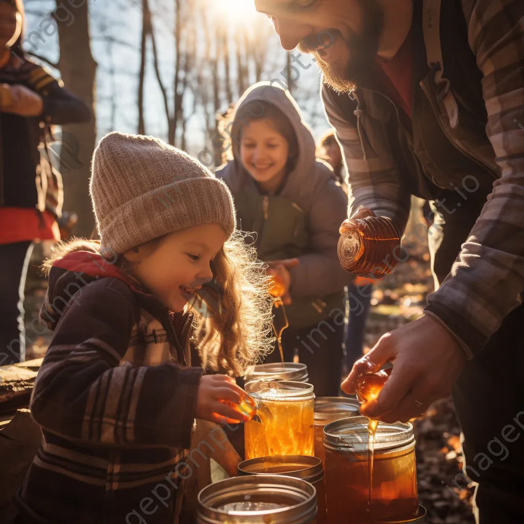 Family members gathering maple sap with laughter in autumn - Image 3