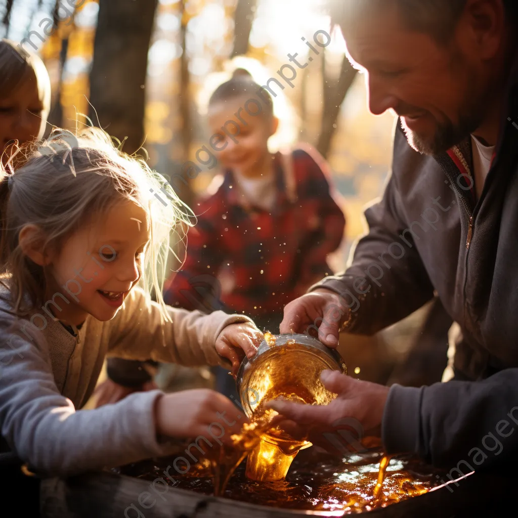 Family members gathering maple sap with laughter in autumn - Image 4