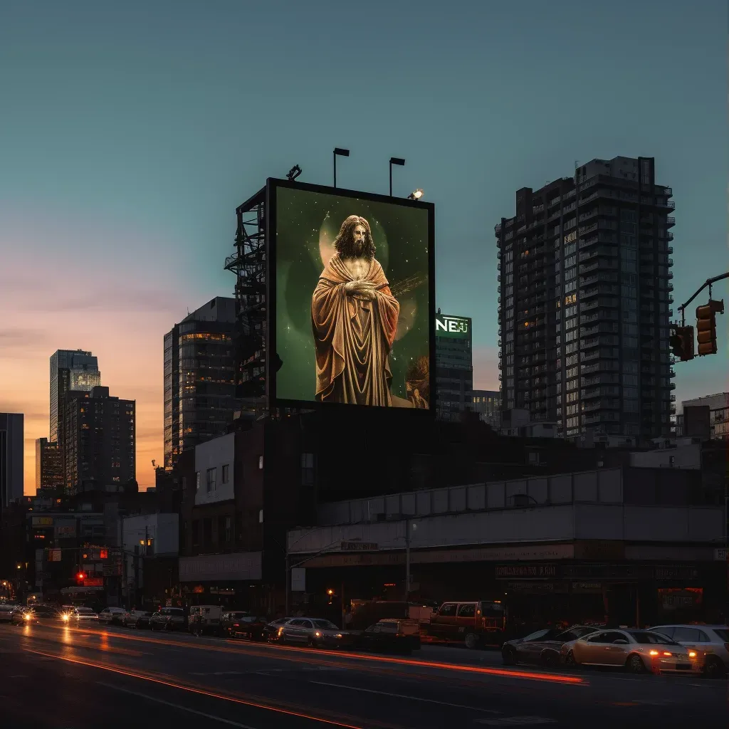 Religious icon on a billboard in a bustling city highway during sunset - Image 1