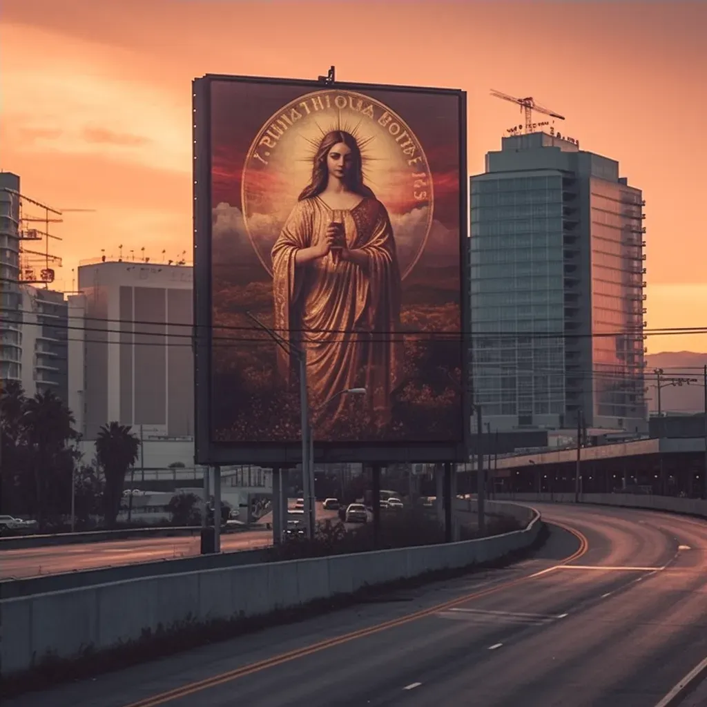 Religious icon on a billboard in a bustling city highway during sunset - Image 4