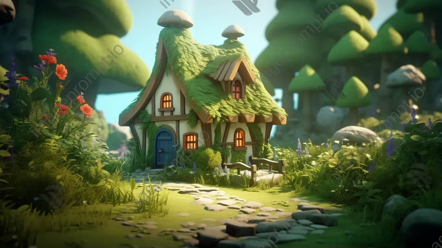 An English cottage in a forest rendered in low poly style - Image 1