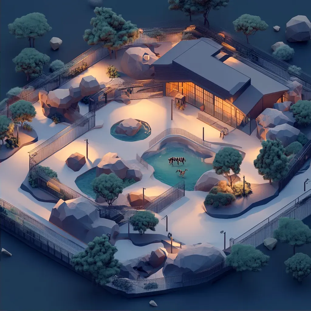 Low poly and isometric view of a lively zoo enclosure at twilight - Image 2