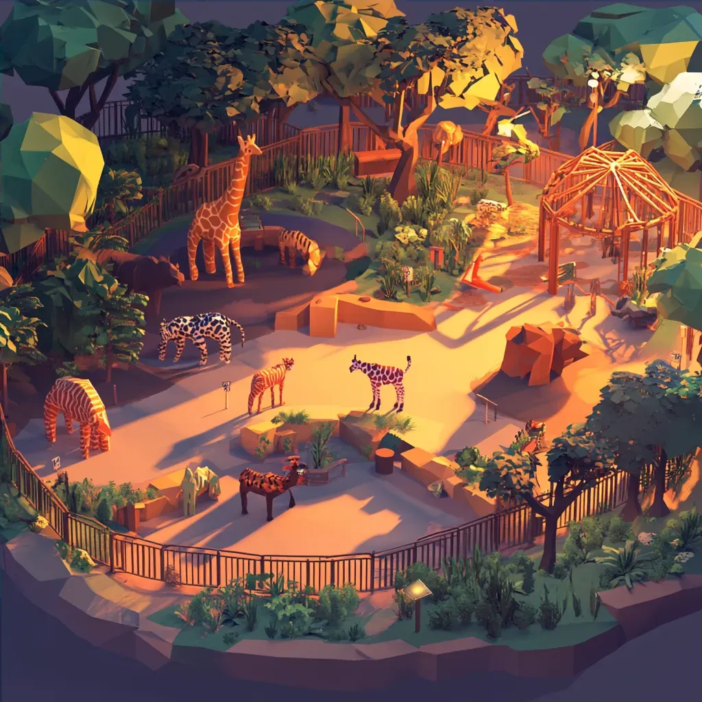 Low poly and isometric view of a lively zoo enclosure at twilight - Image 4