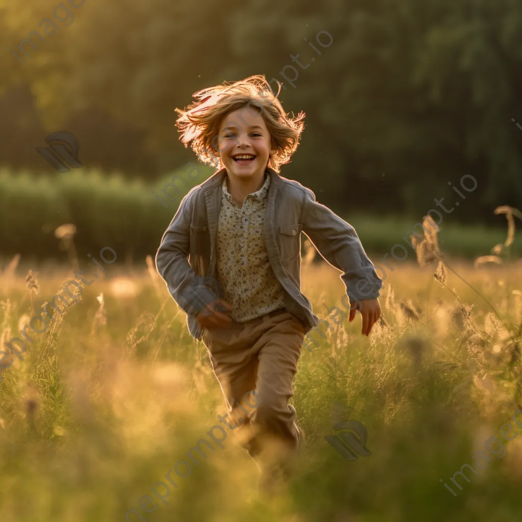 Black and white image of a child joyfully playing in a field - Image 1