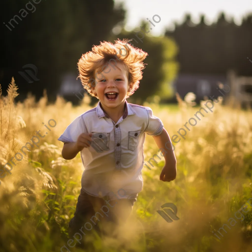 Black and white image of a child joyfully playing in a field - Image 2