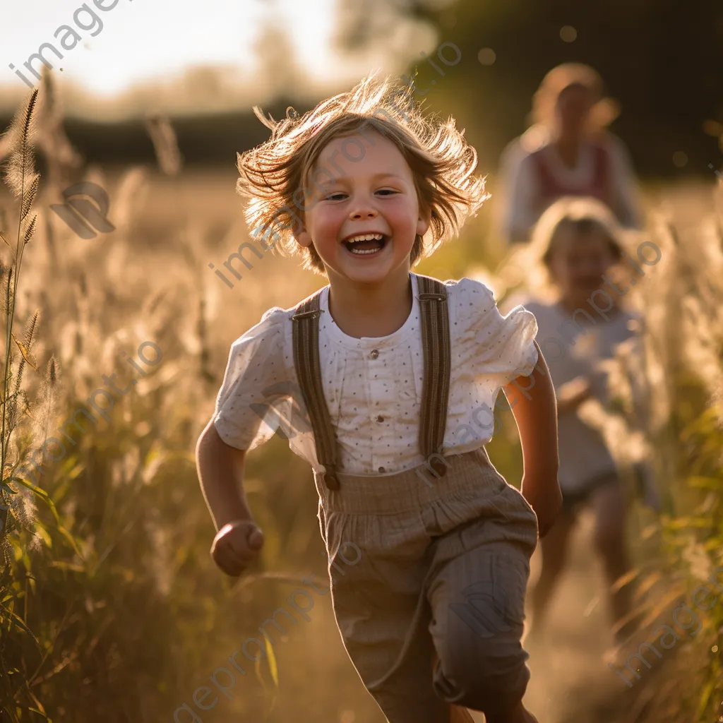 Black and white image of a child joyfully playing in a field - Image 3