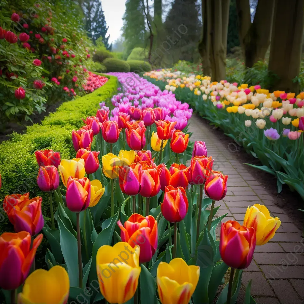 Symmetrical rows of colorful tulips in a garden - Image 1