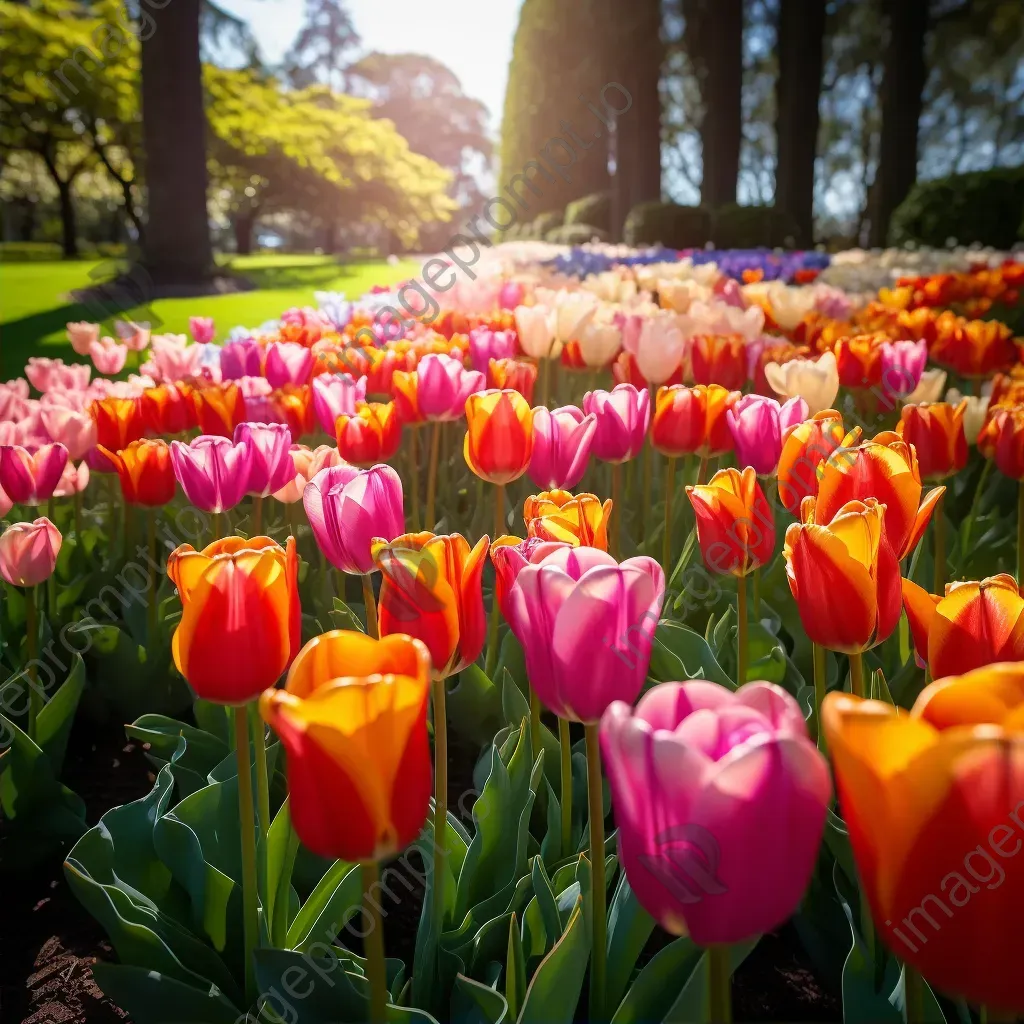 Symmetrical rows of colorful tulips in a garden - Image 2