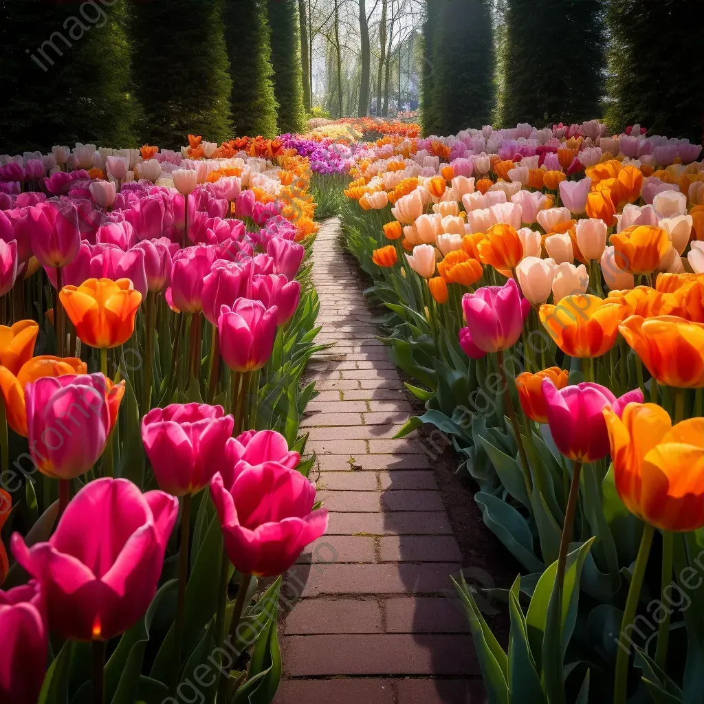 Symmetrical rows of colorful tulips in a garden - Image 3