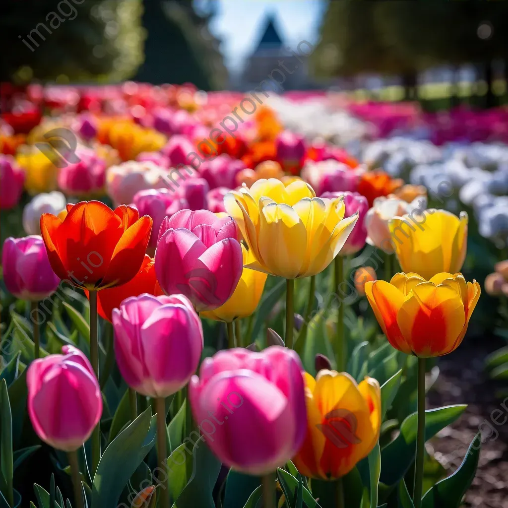 Symmetrical rows of colorful tulips in a garden - Image 4