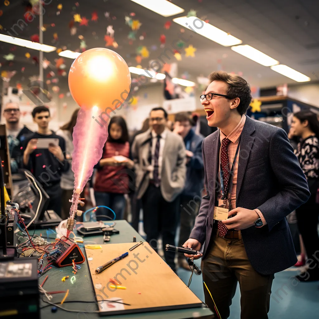 Student demonstrating a balloon rocket at a science fair. - Image 2