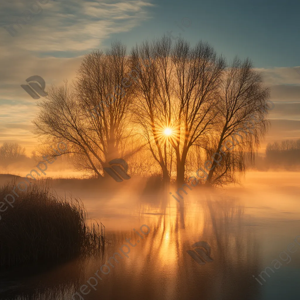 Sunrays breaking through fog in a forest - Image 1