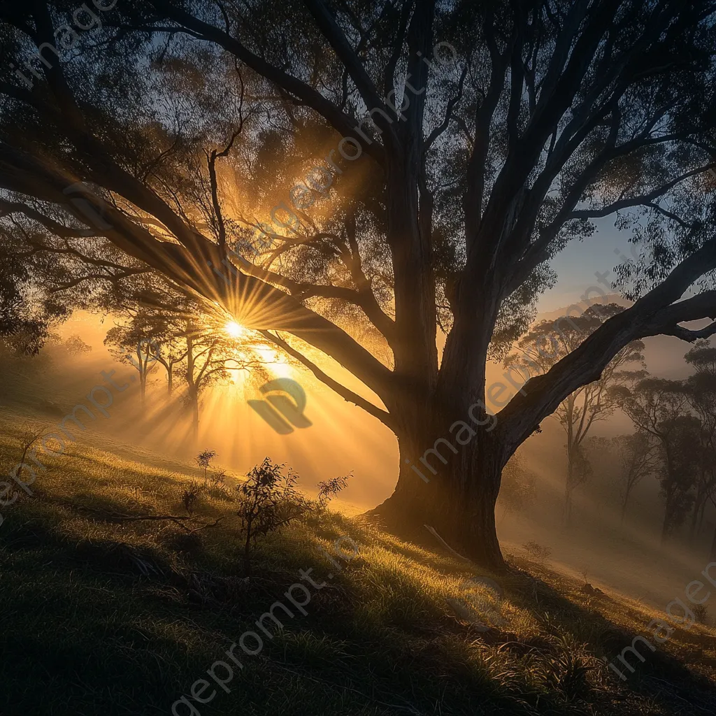 Sunrays breaking through fog in a forest - Image 2