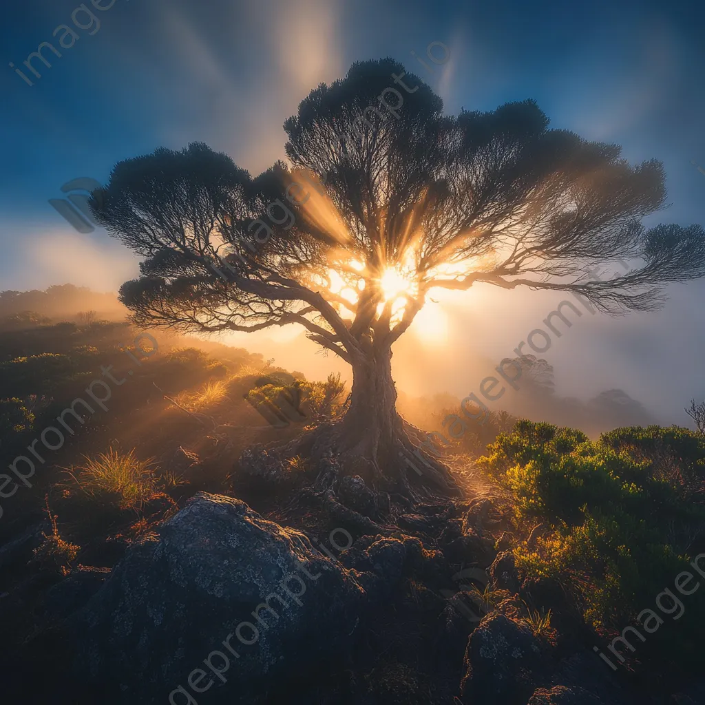 Sunrays breaking through fog in a forest - Image 4